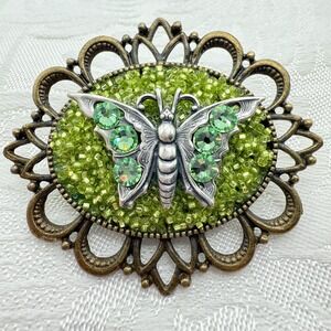 Vintage‎ Green Seed Bead and Rhinestone Silver Tone Butterfly Cameo Brooch